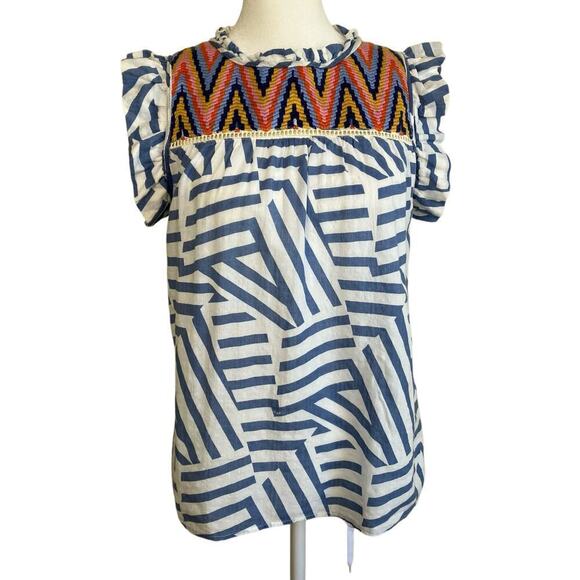 THML Boho Flutter Sleeve Ruffled Embroidered Top Blouse Geometric Print Spring S - Picture 2 of 16